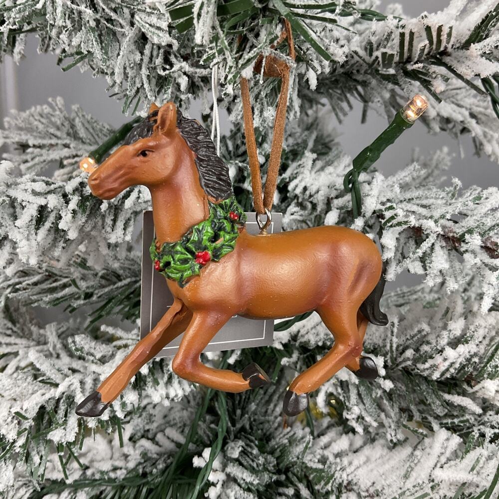 Christmas Ornament-Brown Horse Wearing Green And Red Wreath